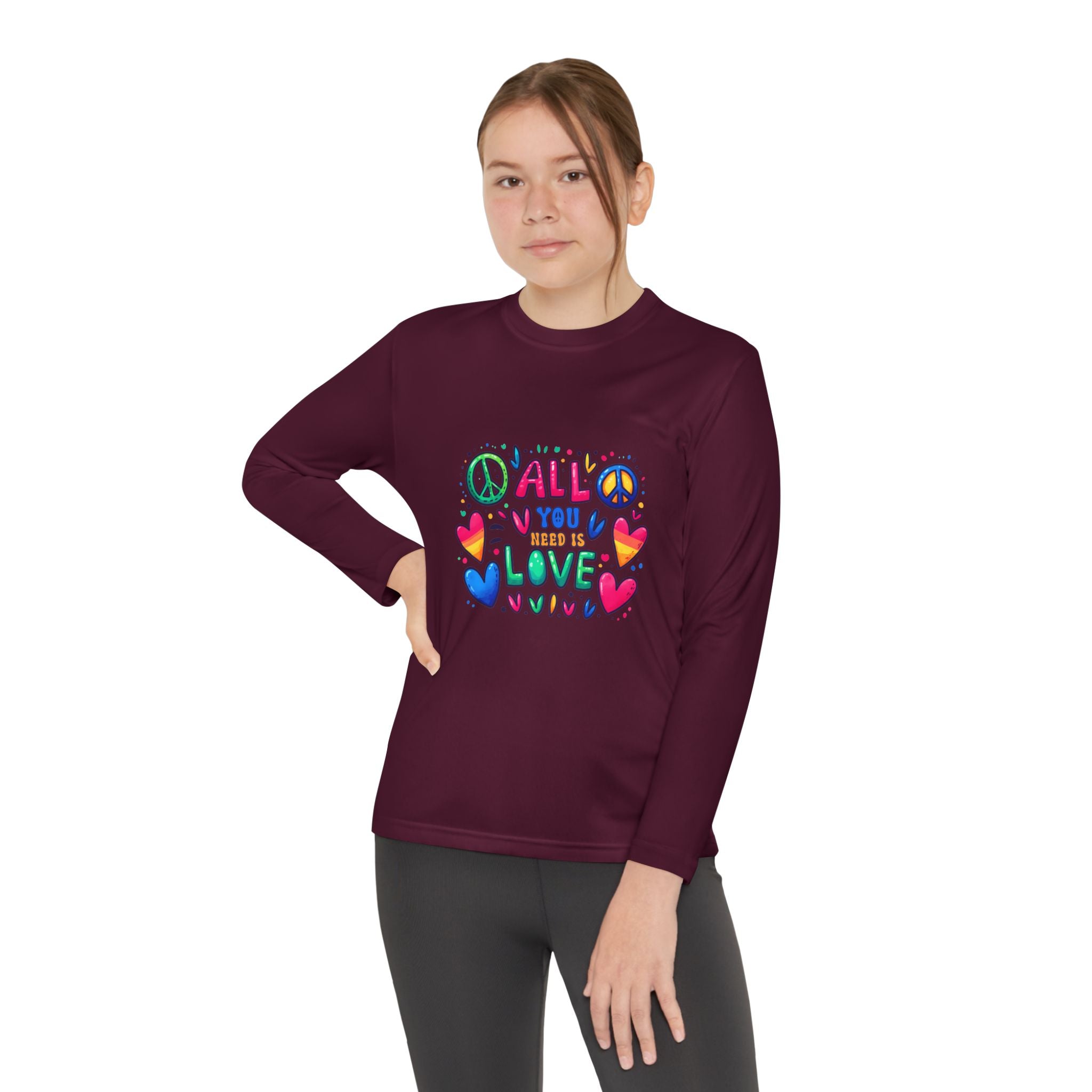 Colorful Peace & Love Youth Long Sleeve Tee, Fun Gift for Kids, Summer Camps, Family Gatherings, Birthdays, Everyday Wear
