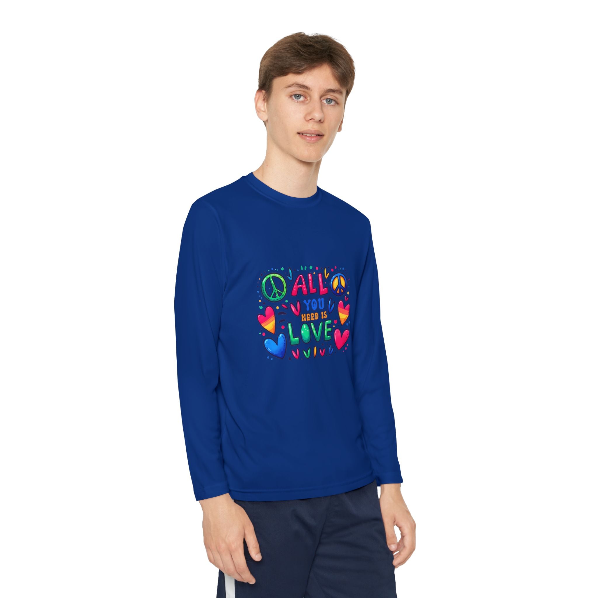 Colorful Peace & Love Youth Long Sleeve Tee, Fun Gift for Kids, Summer Camps, Family Gatherings, Birthdays, Everyday Wear
