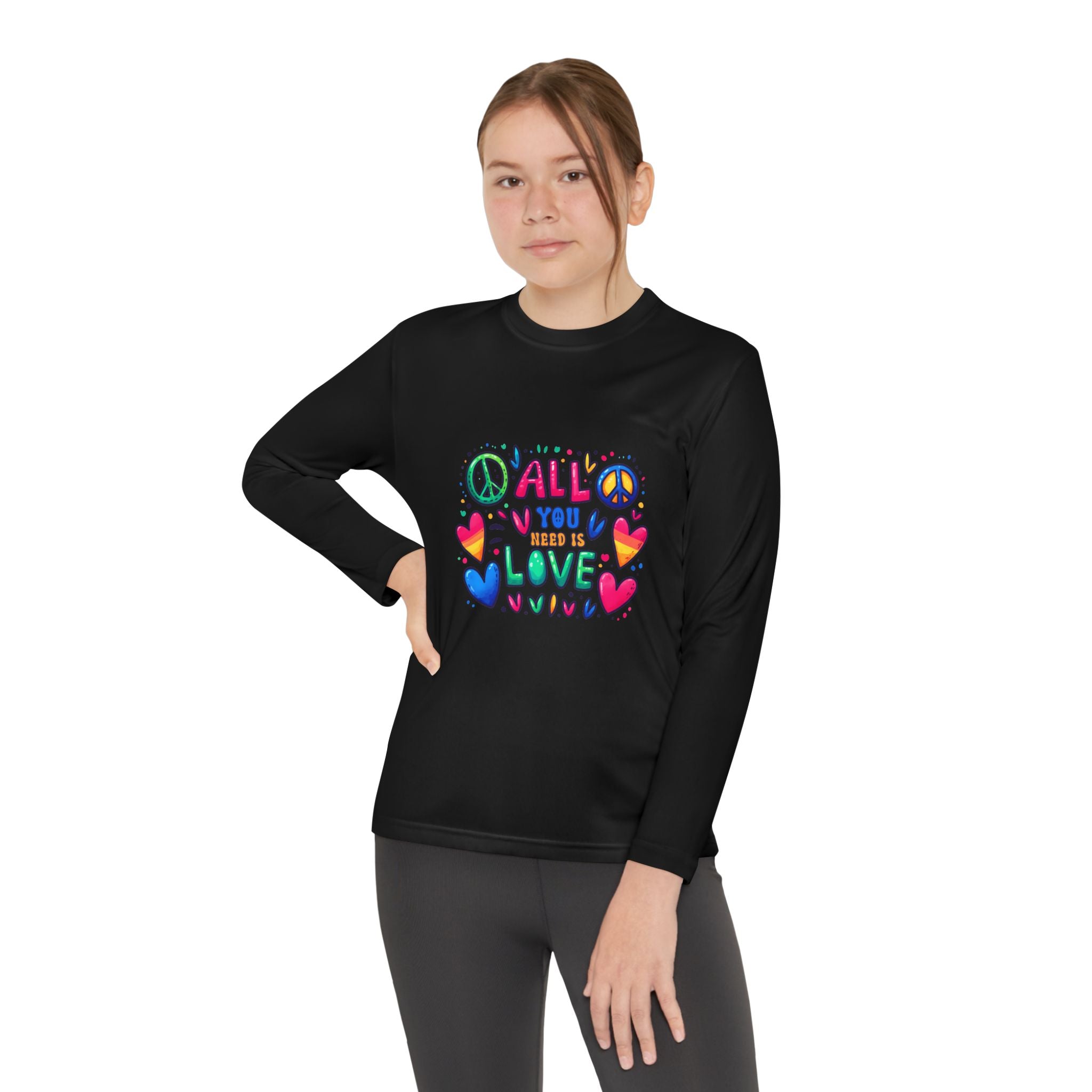Colorful Peace & Love Youth Long Sleeve Tee, Fun Gift for Kids, Summer Camps, Family Gatherings, Birthdays, Everyday Wear