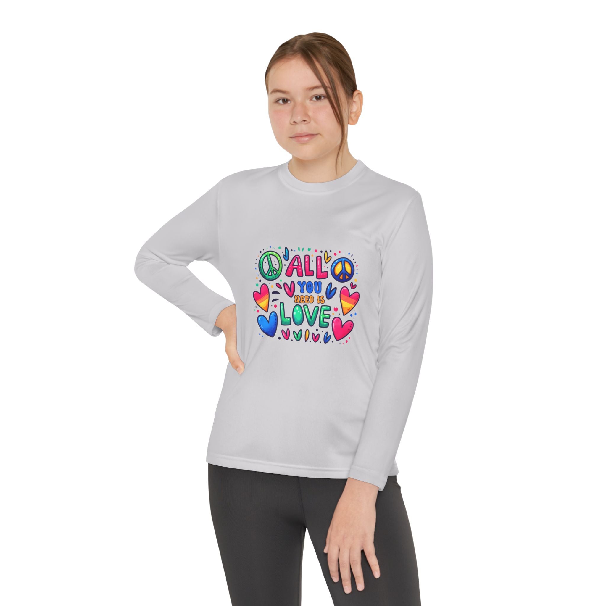 Colorful Peace & Love Youth Long Sleeve Tee, Fun Gift for Kids, Summer Camps, Family Gatherings, Birthdays, Everyday Wear