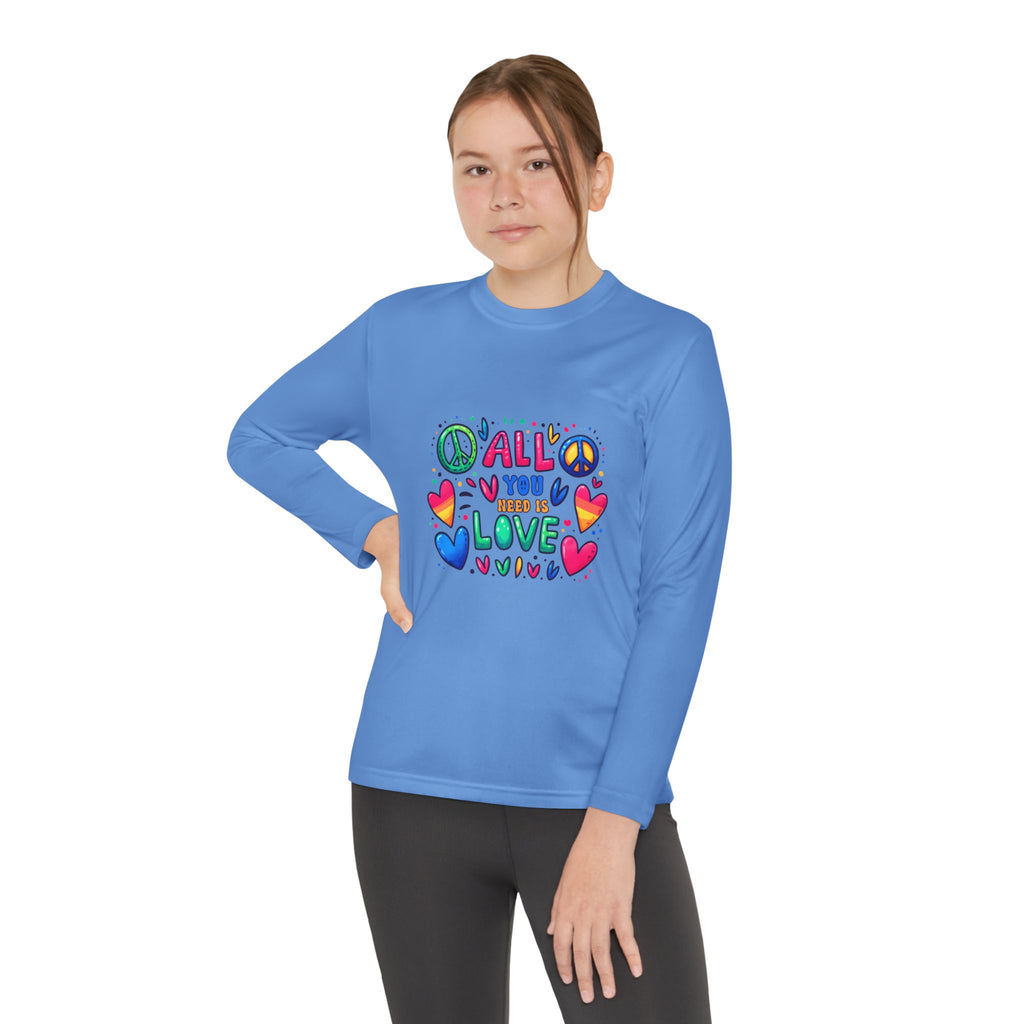 Colorful Peace & Love Youth Long Sleeve Tee, Fun Gift for Kids, Summer Camps, Family Gatherings, Birthdays, Everyday Wear