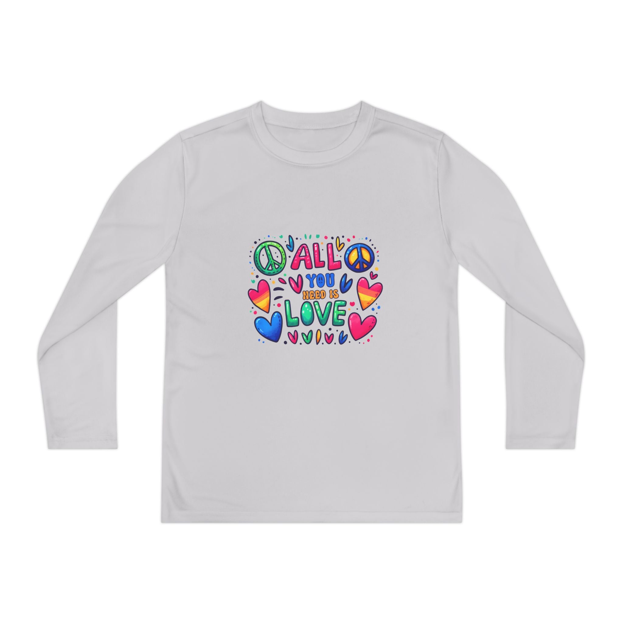 Colorful Peace & Love Youth Long Sleeve Tee, Fun Gift for Kids, Summer Camps, Family Gatherings, Birthdays, Everyday Wear
