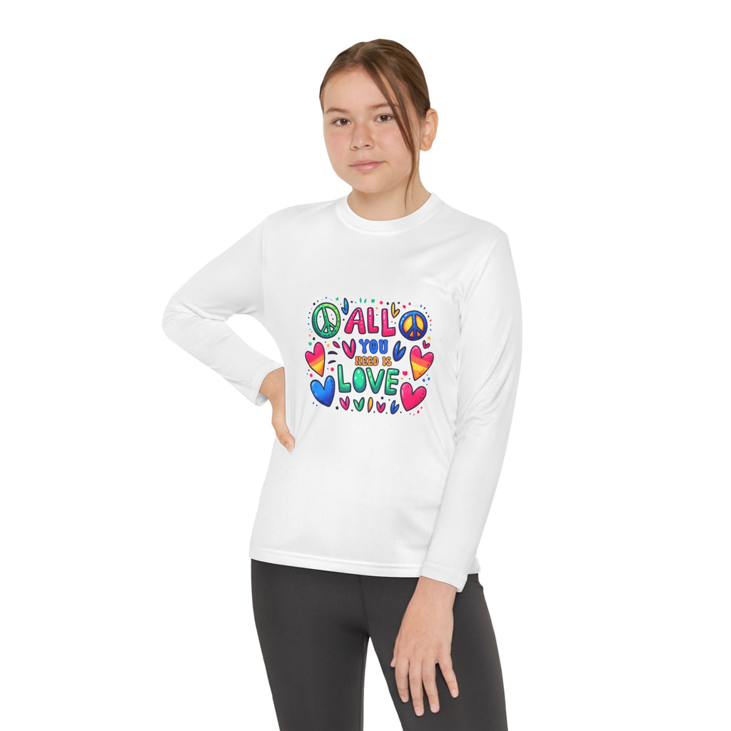 Colorful Peace & Love Youth Long Sleeve Tee, Fun Gift for Kids, Summer Camps, Family Gatherings, Birthdays, Everyday Wear