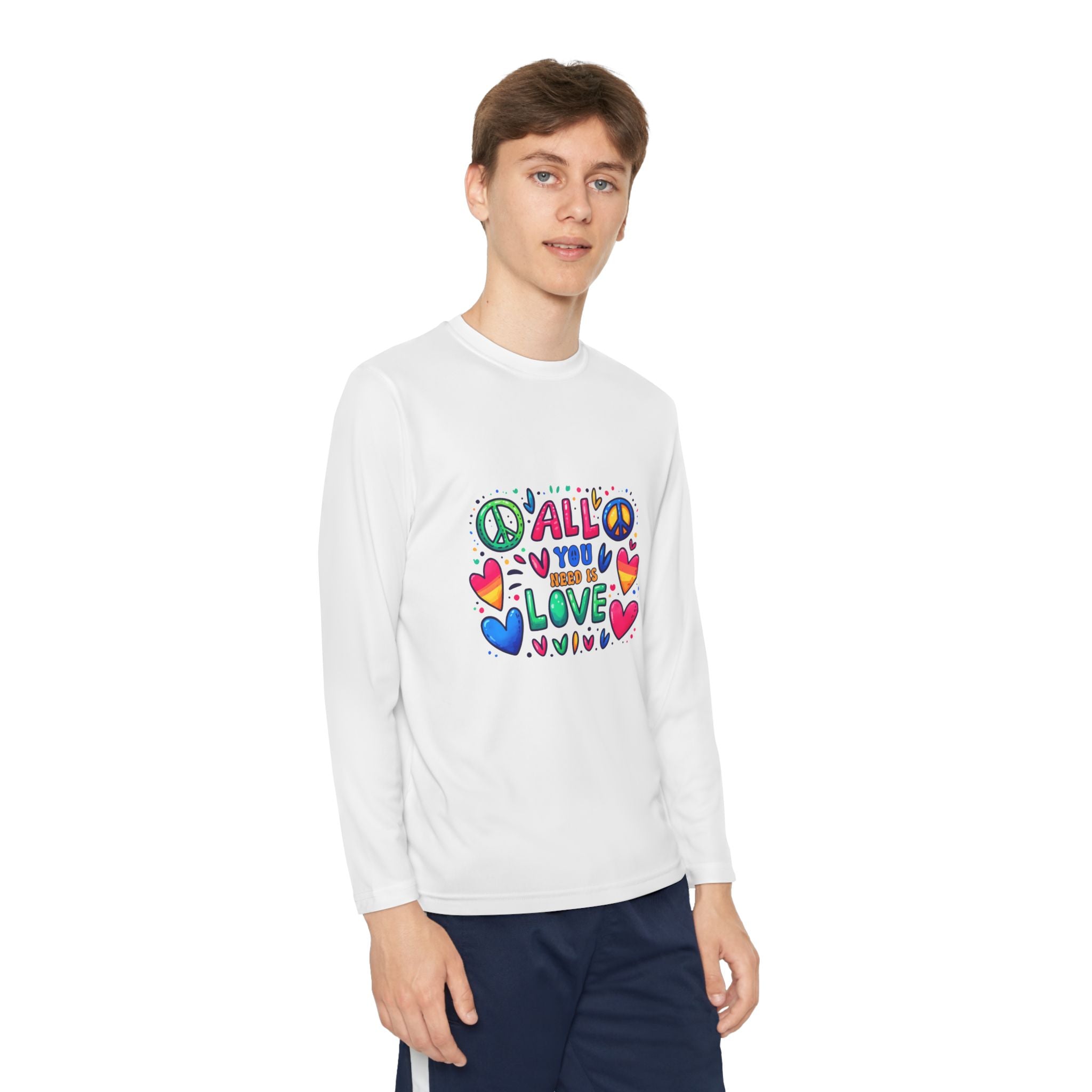 Colorful Peace & Love Youth Long Sleeve Tee, Fun Gift for Kids, Summer Camps, Family Gatherings, Birthdays, Everyday Wear
