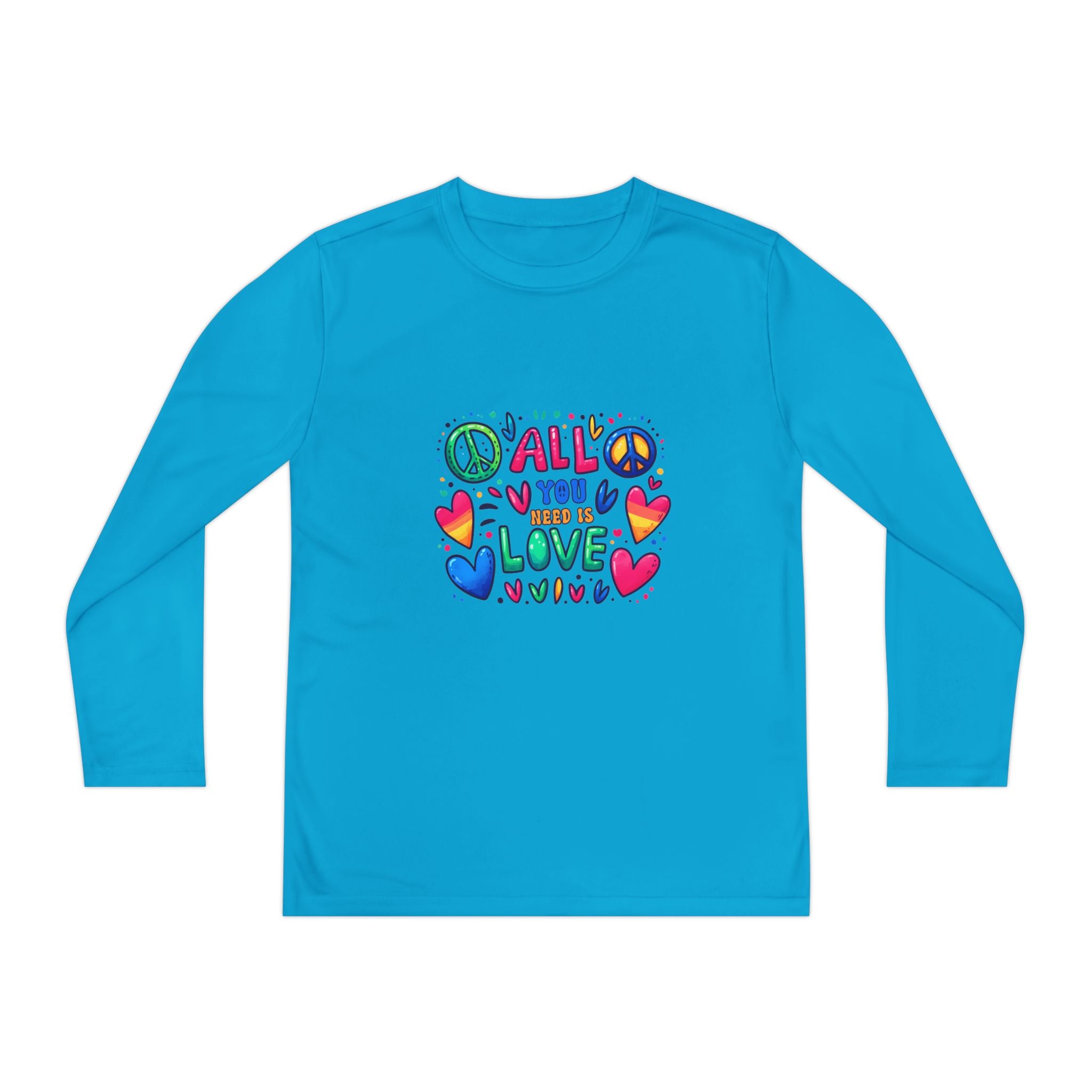 Colorful Peace & Love Youth Long Sleeve Tee, Fun Gift for Kids, Summer Camps, Family Gatherings, Birthdays, Everyday Wear