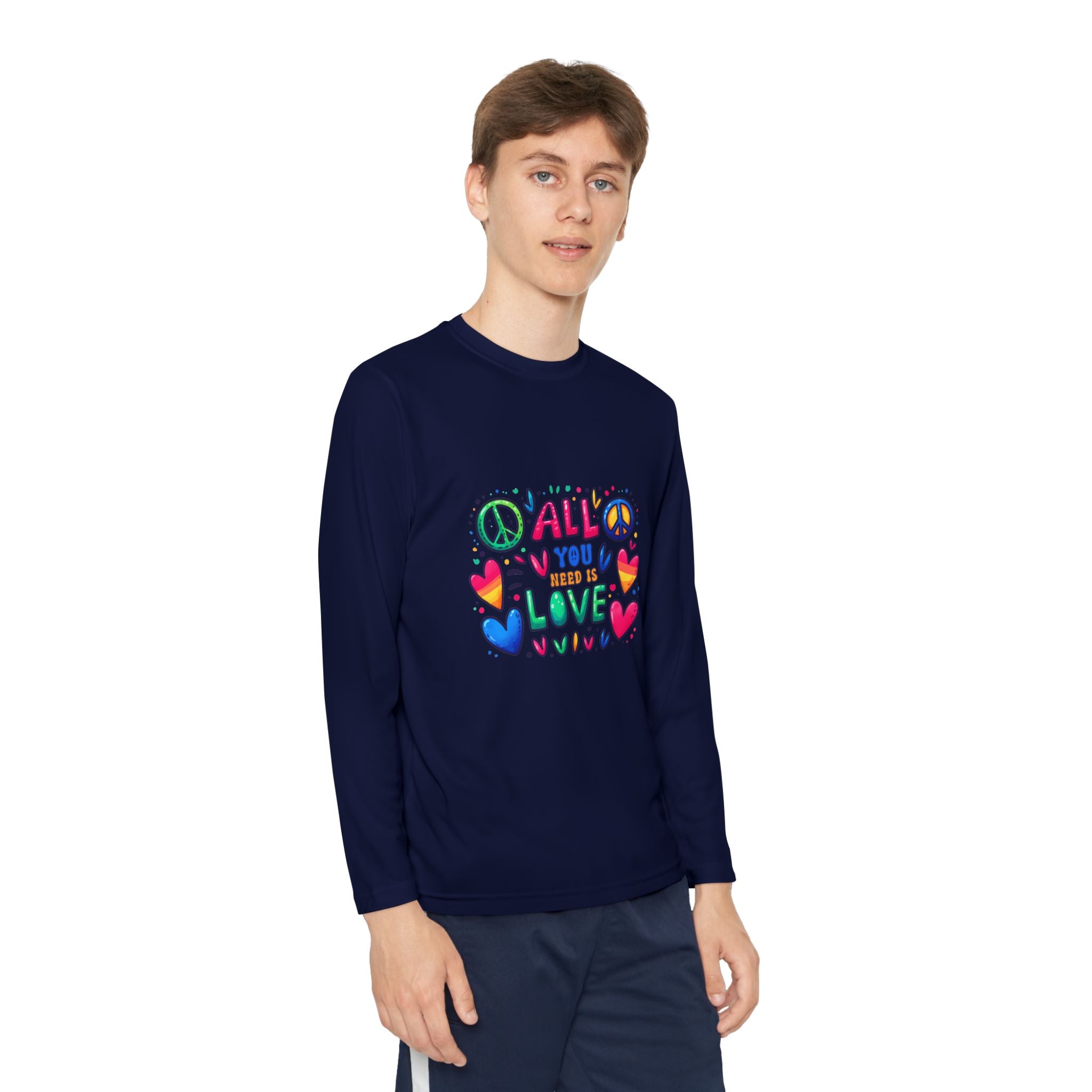 Colorful Peace & Love Youth Long Sleeve Tee, Fun Gift for Kids, Summer Camps, Family Gatherings, Birthdays, Everyday Wear
