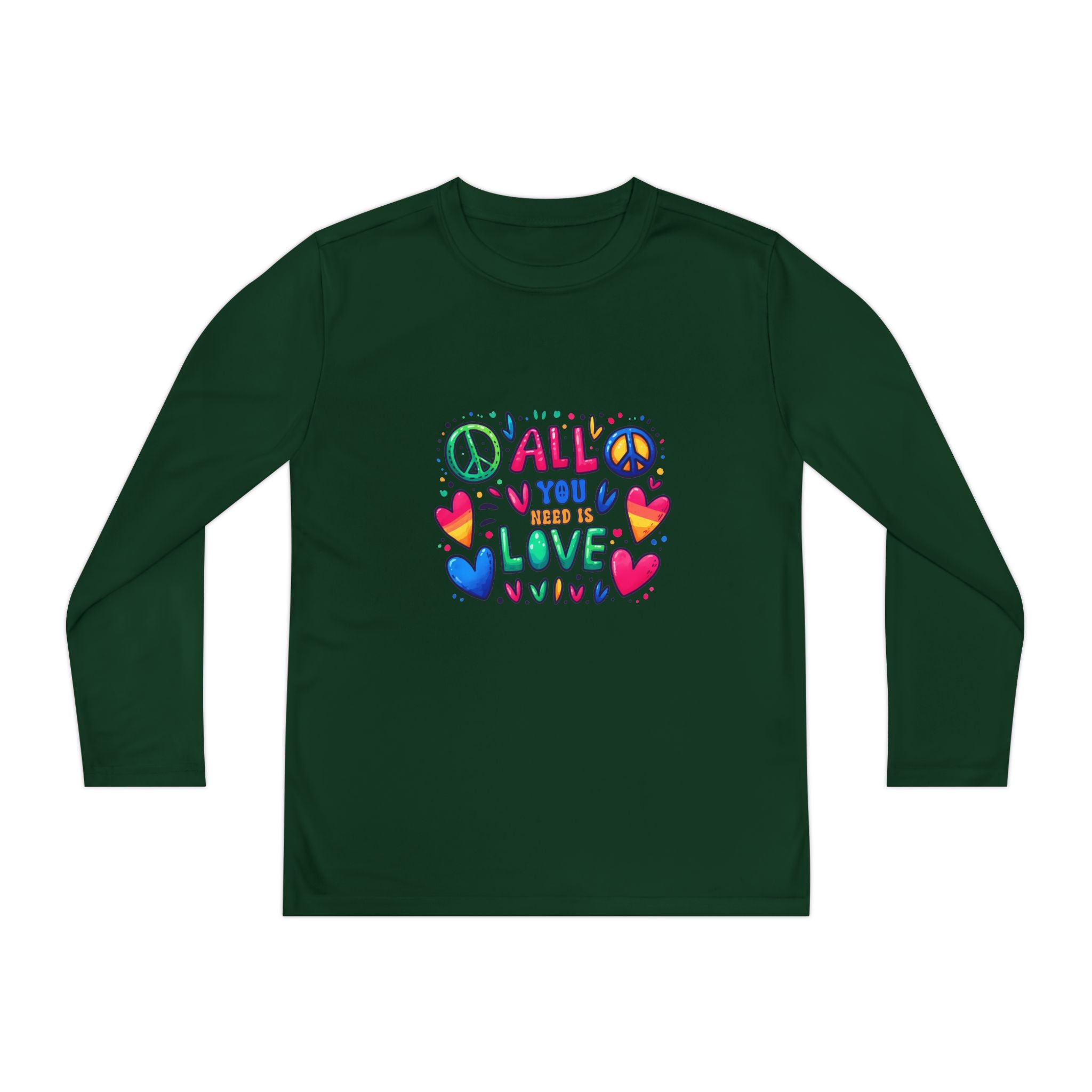 Colorful Peace & Love Youth Long Sleeve Tee, Fun Gift for Kids, Summer Camps, Family Gatherings, Birthdays, Everyday Wear