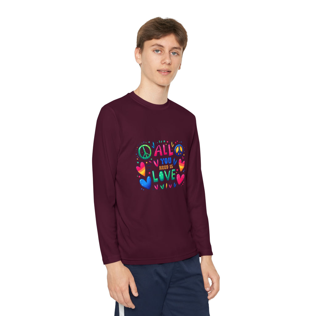 Colorful Peace & Love Youth Long Sleeve Tee, Fun Gift for Kids, Summer Camps, Family Gatherings, Birthdays, Everyday Wear