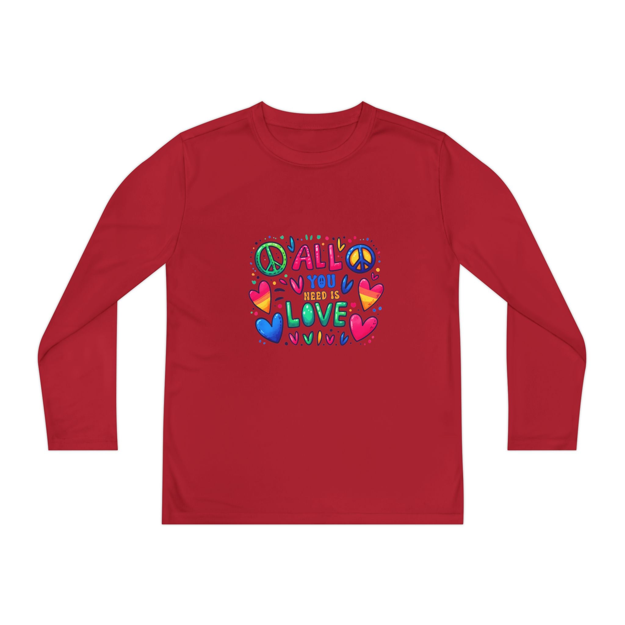 Colorful Peace & Love Youth Long Sleeve Tee, Fun Gift for Kids, Summer Camps, Family Gatherings, Birthdays, Everyday Wear
