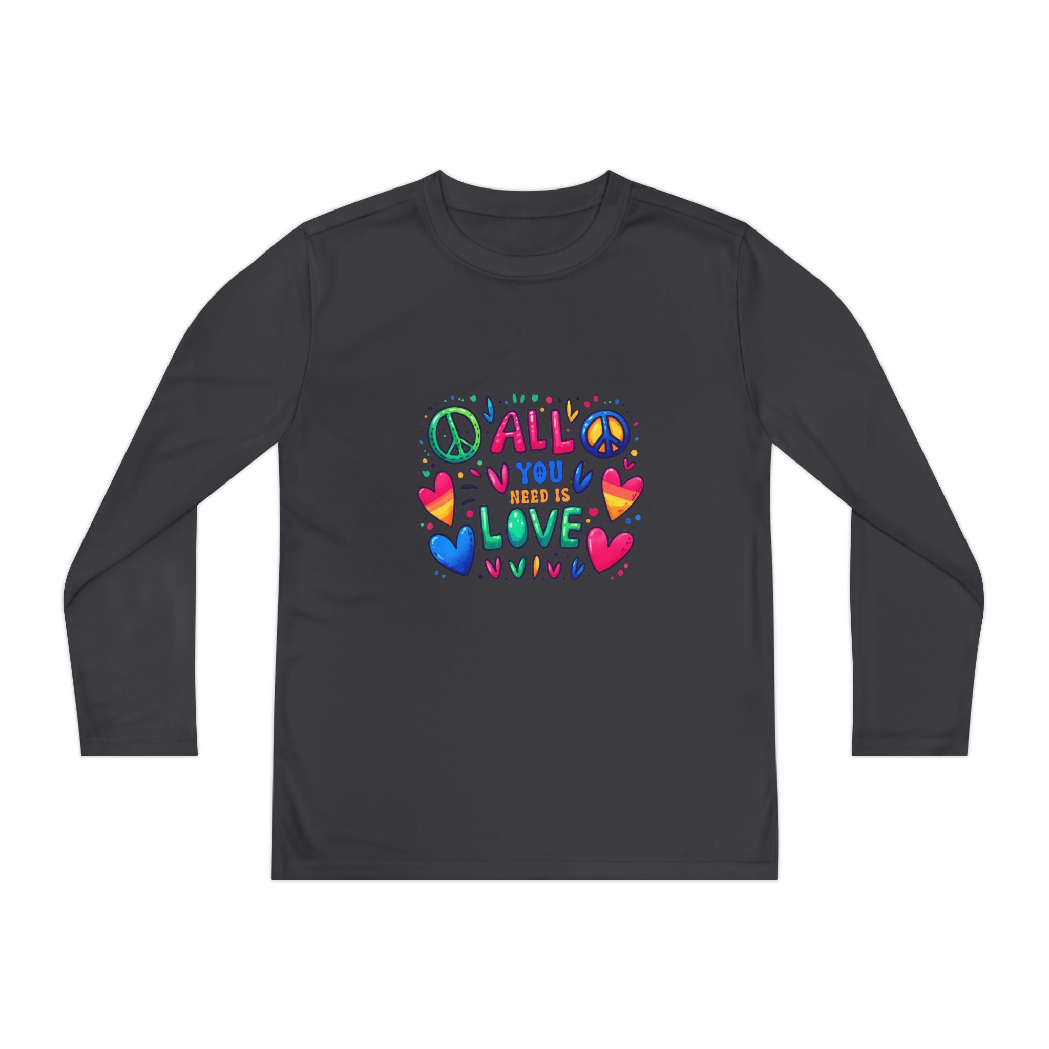 Colorful Peace & Love Youth Long Sleeve Tee, Fun Gift for Kids, Summer Camps, Family Gatherings, Birthdays, Everyday Wear