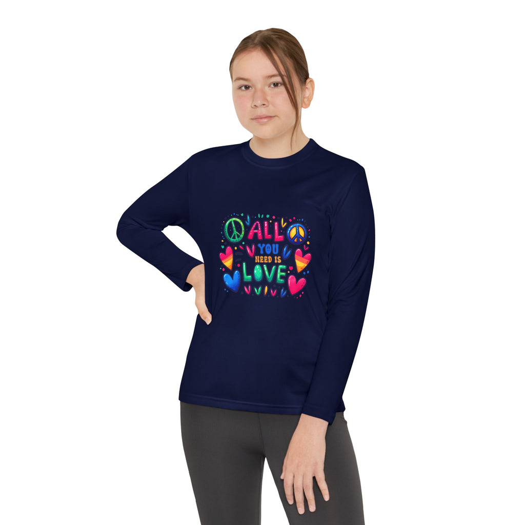 Colorful Peace & Love Youth Long Sleeve Tee, Fun Gift for Kids, Summer Camps, Family Gatherings, Birthdays, Everyday Wear