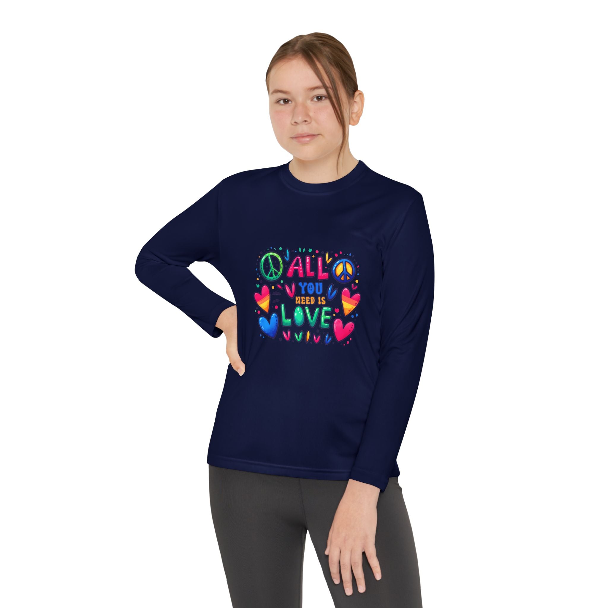 Colorful Peace & Love Youth Long Sleeve Tee, Fun Gift for Kids, Summer Camps, Family Gatherings, Birthdays, Everyday Wear