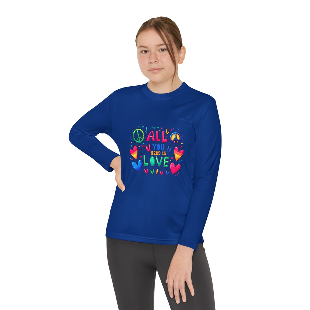 Colorful Peace & Love Youth Long Sleeve Tee, Fun Gift for Kids, Summer Camps, Family Gatherings, Birthdays, Everyday Wear