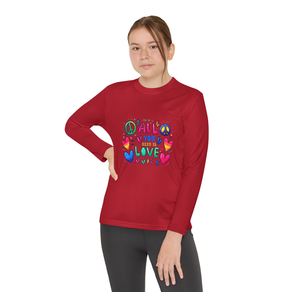 Colorful Peace & Love Youth Long Sleeve Tee, Fun Gift for Kids, Summer Camps, Family Gatherings, Birthdays, Everyday Wear