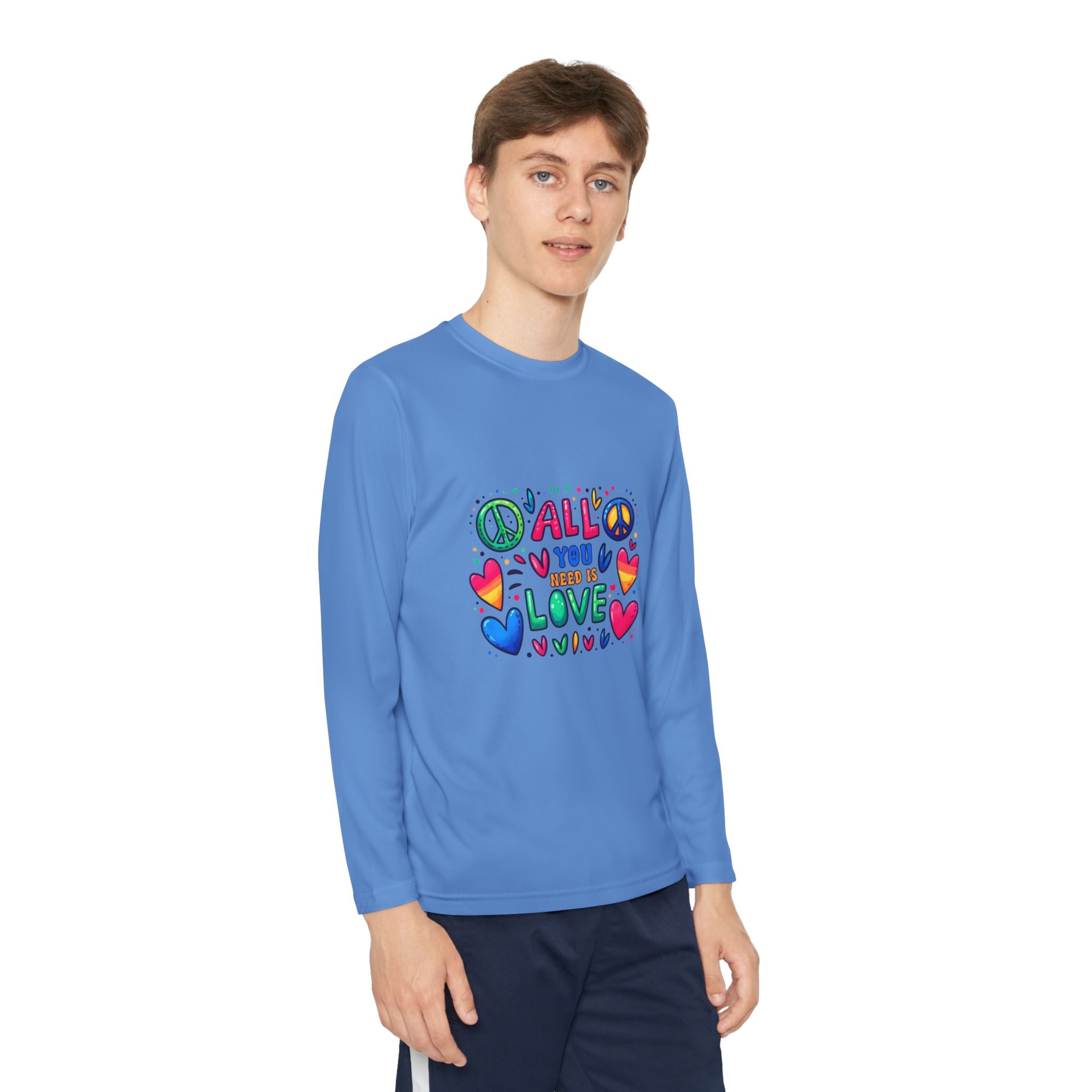 Colorful Peace & Love Youth Long Sleeve Tee, Fun Gift for Kids, Summer Camps, Family Gatherings, Birthdays, Everyday Wear