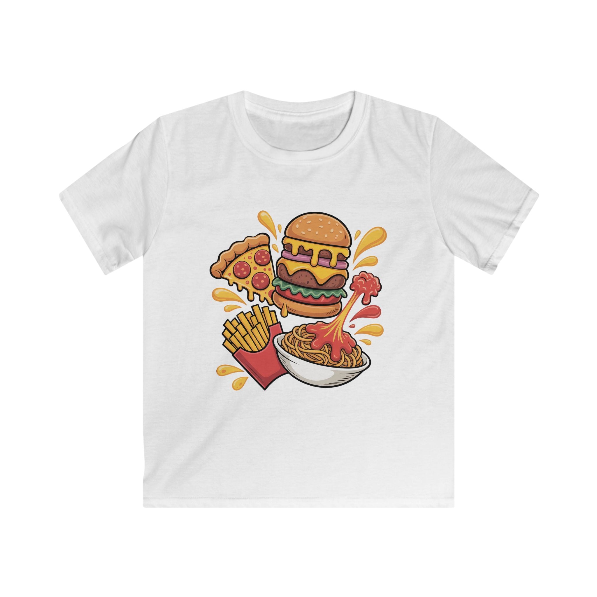 Kids Fast Food Graphic Tee — Burger, Pizza, Fries & Noodles Cartoon Shirt