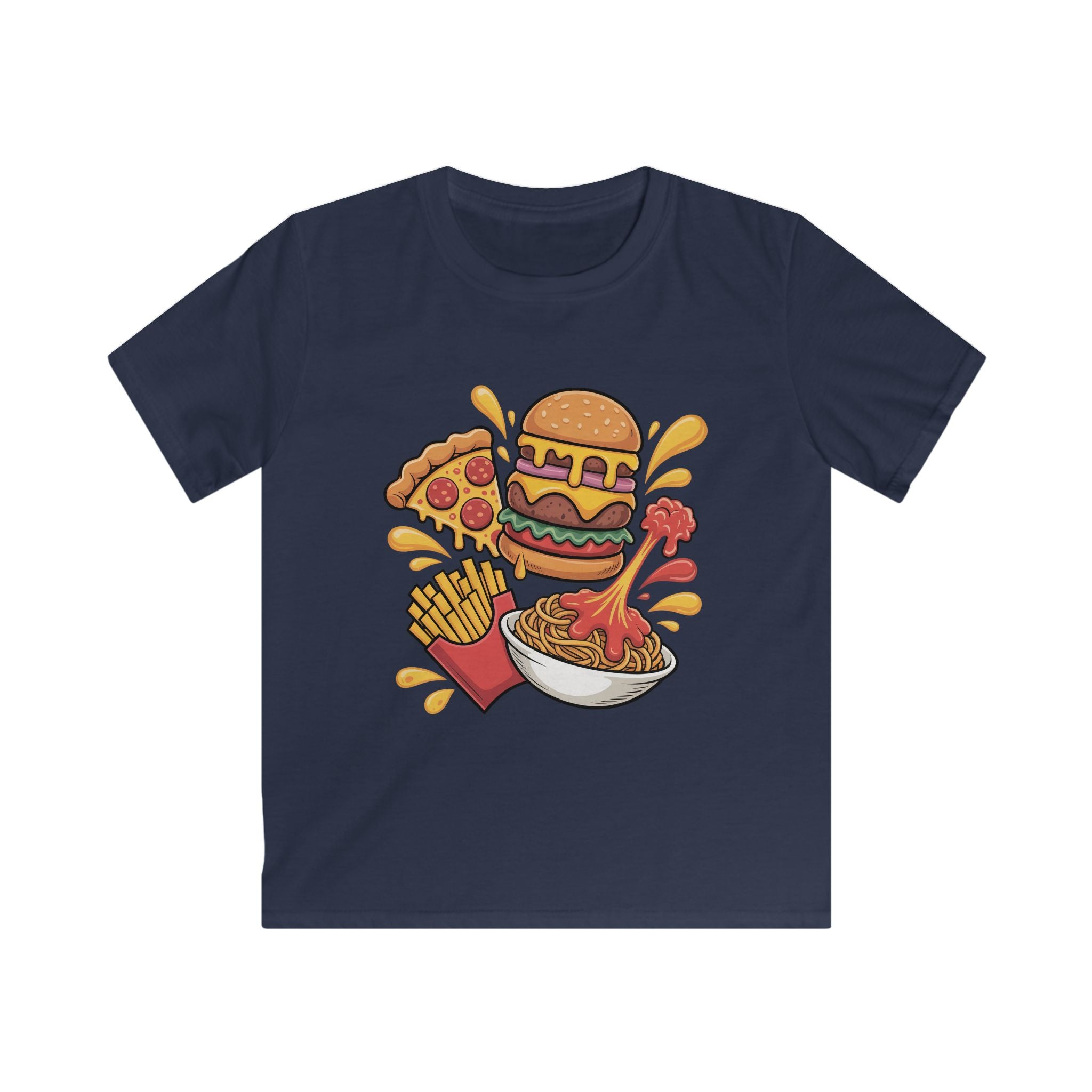 Kids Fast Food Graphic Tee — Burger, Pizza, Fries & Noodles Cartoon Shirt