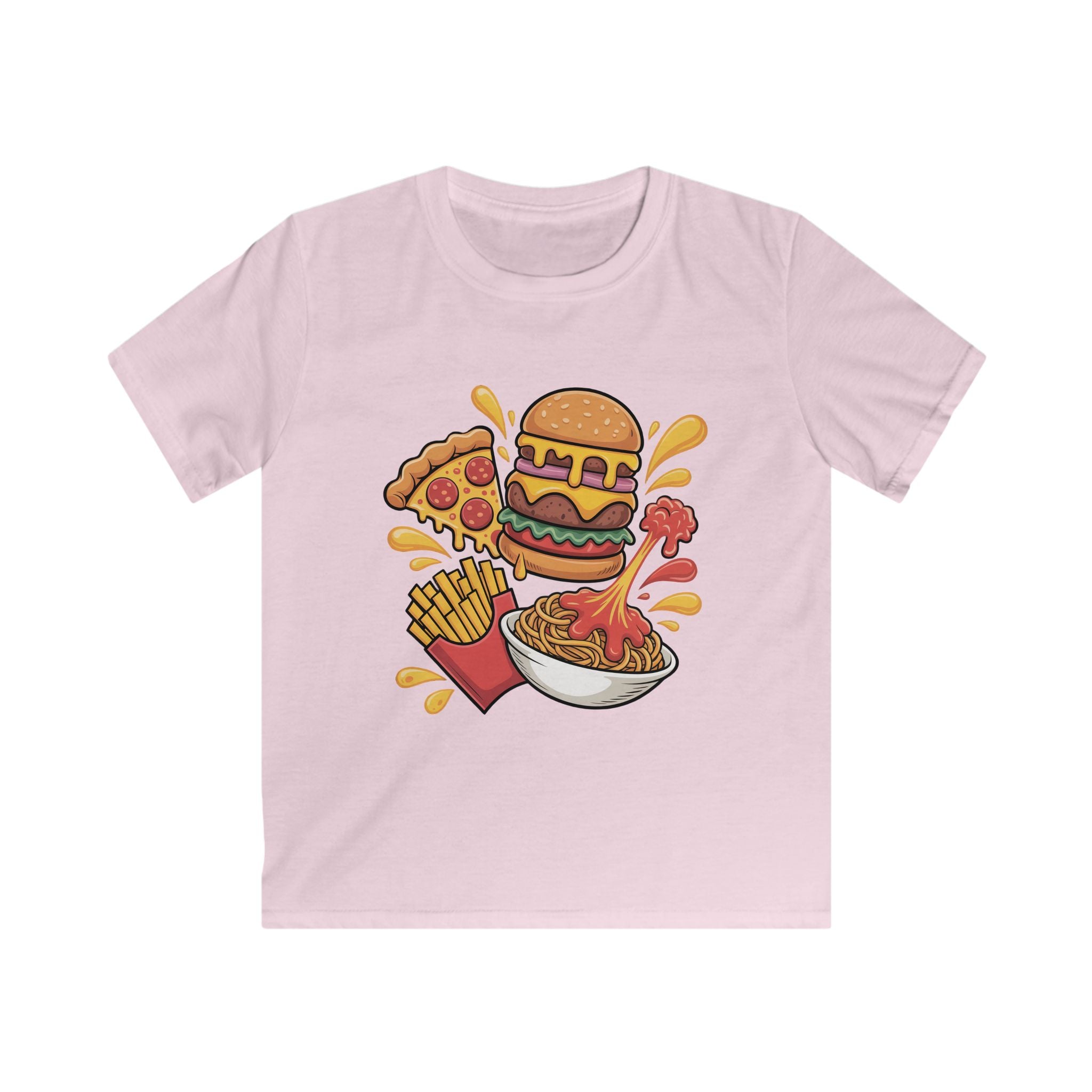 Kids Fast Food Graphic Tee — Burger, Pizza, Fries & Noodles Cartoon Shirt