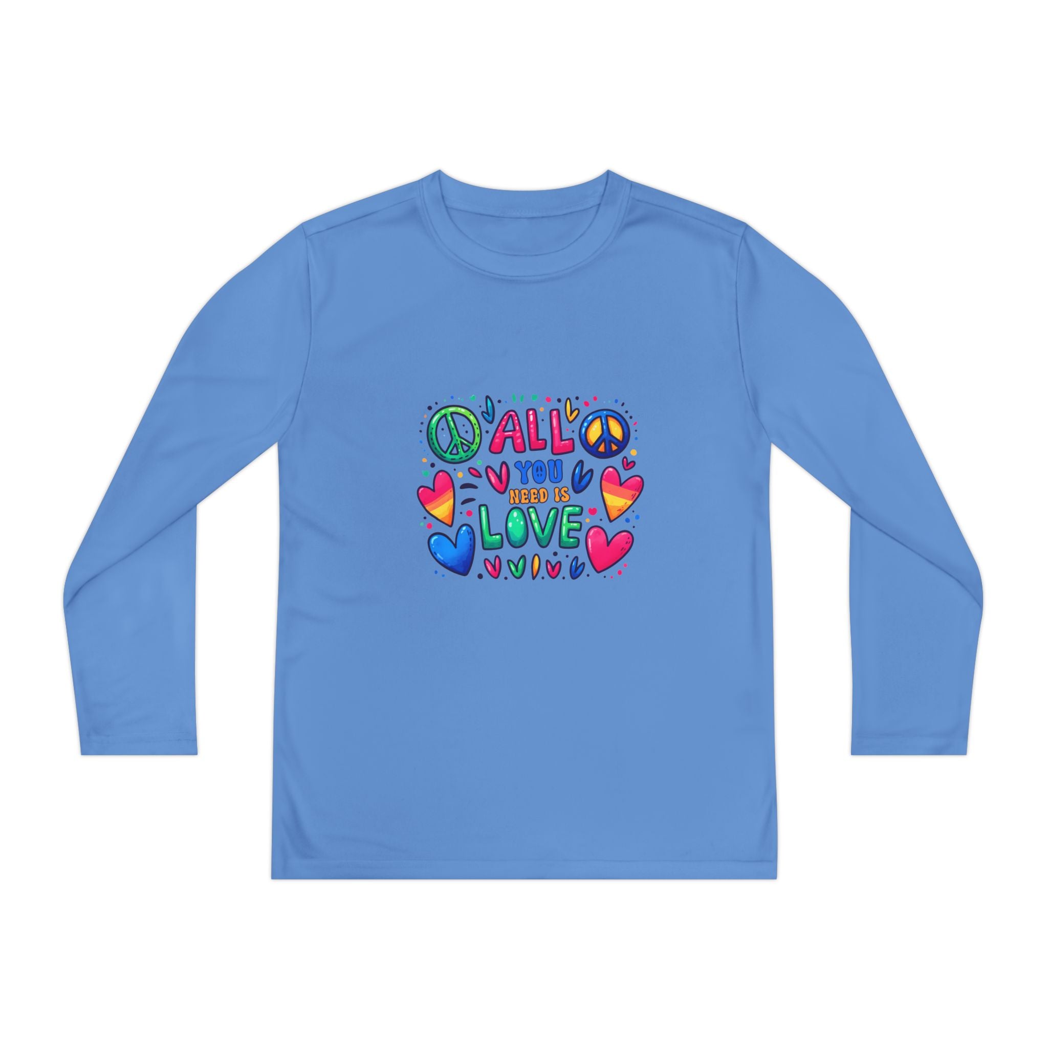Colorful Peace & Love Youth Long Sleeve Tee, Fun Gift for Kids, Summer Camps, Family Gatherings, Birthdays, Everyday Wear