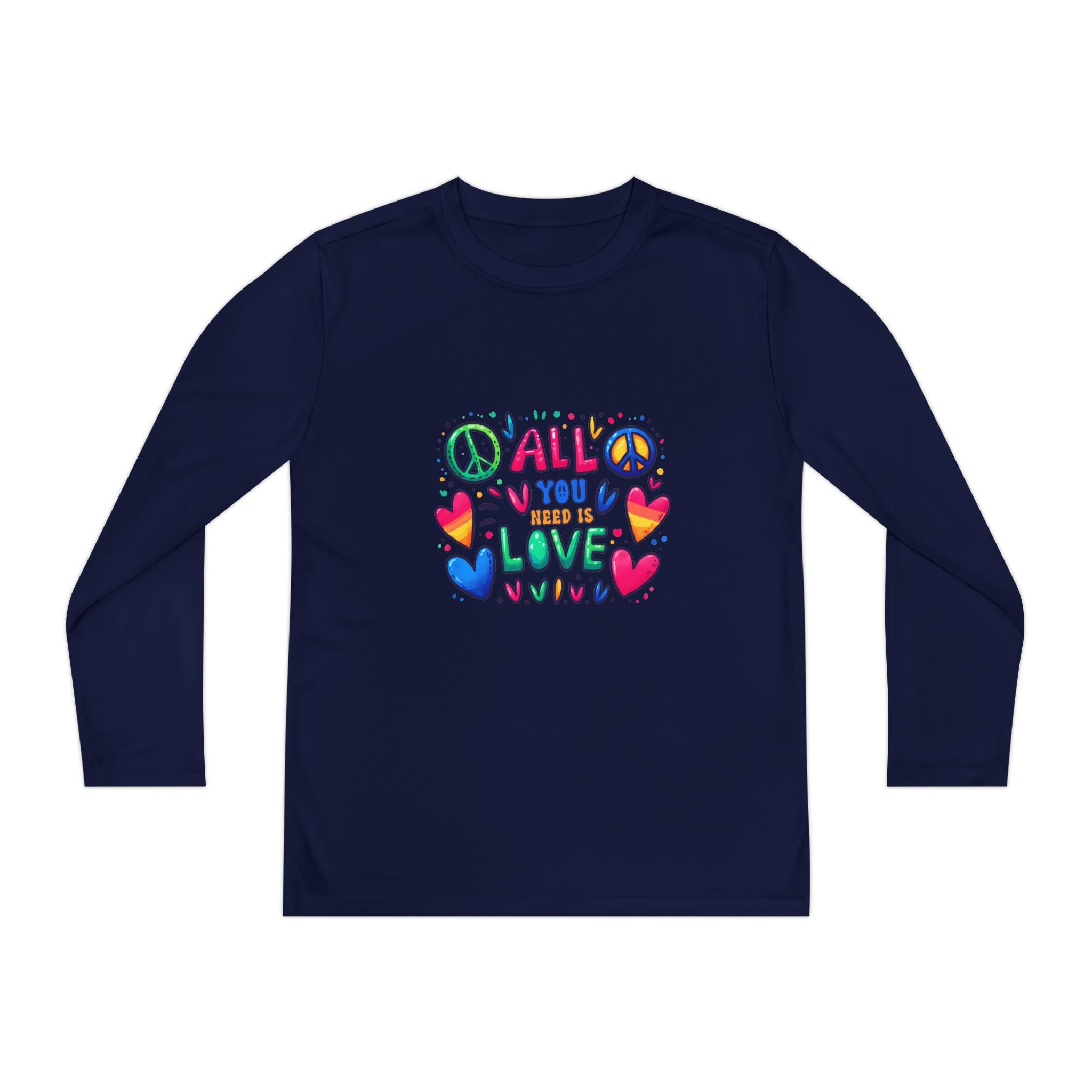 Colorful Peace & Love Youth Long Sleeve Tee, Fun Gift for Kids, Summer Camps, Family Gatherings, Birthdays, Everyday Wear