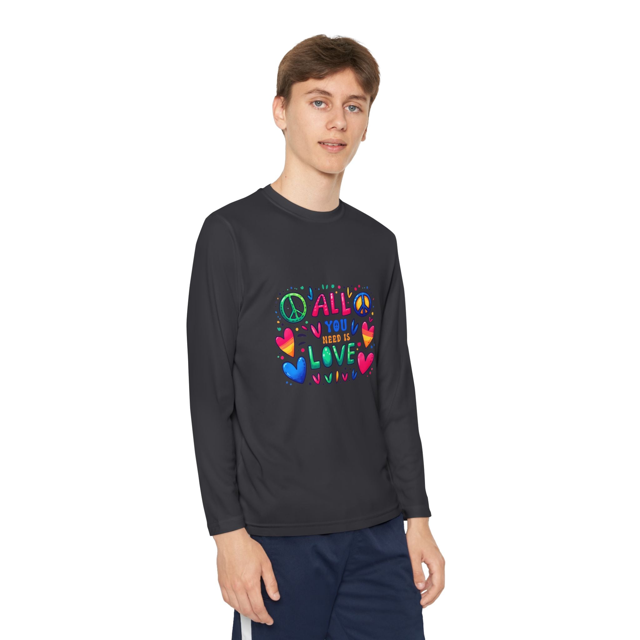 Colorful Peace & Love Youth Long Sleeve Tee, Fun Gift for Kids, Summer Camps, Family Gatherings, Birthdays, Everyday Wear