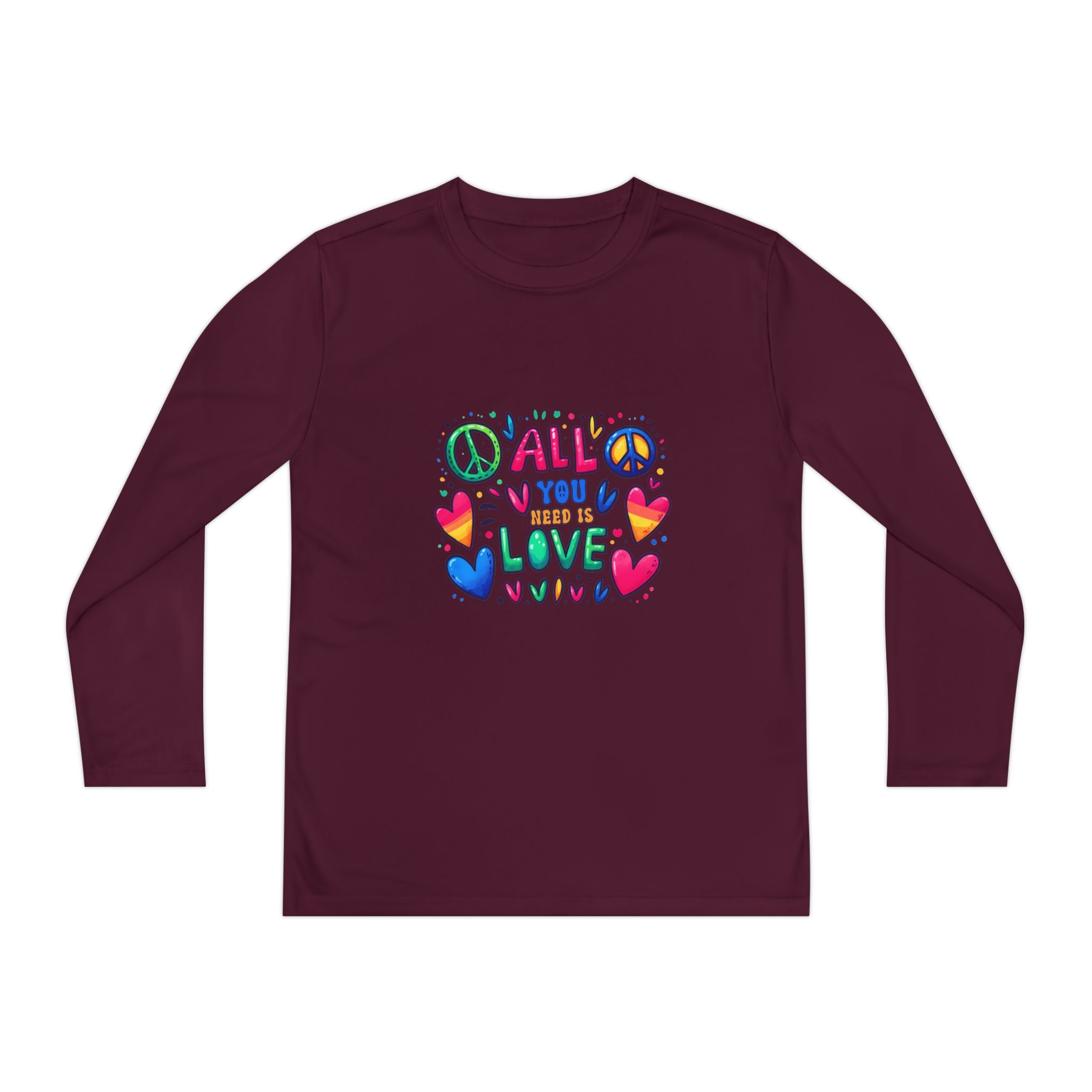Colorful Peace & Love Youth Long Sleeve Tee, Fun Gift for Kids, Summer Camps, Family Gatherings, Birthdays, Everyday Wear