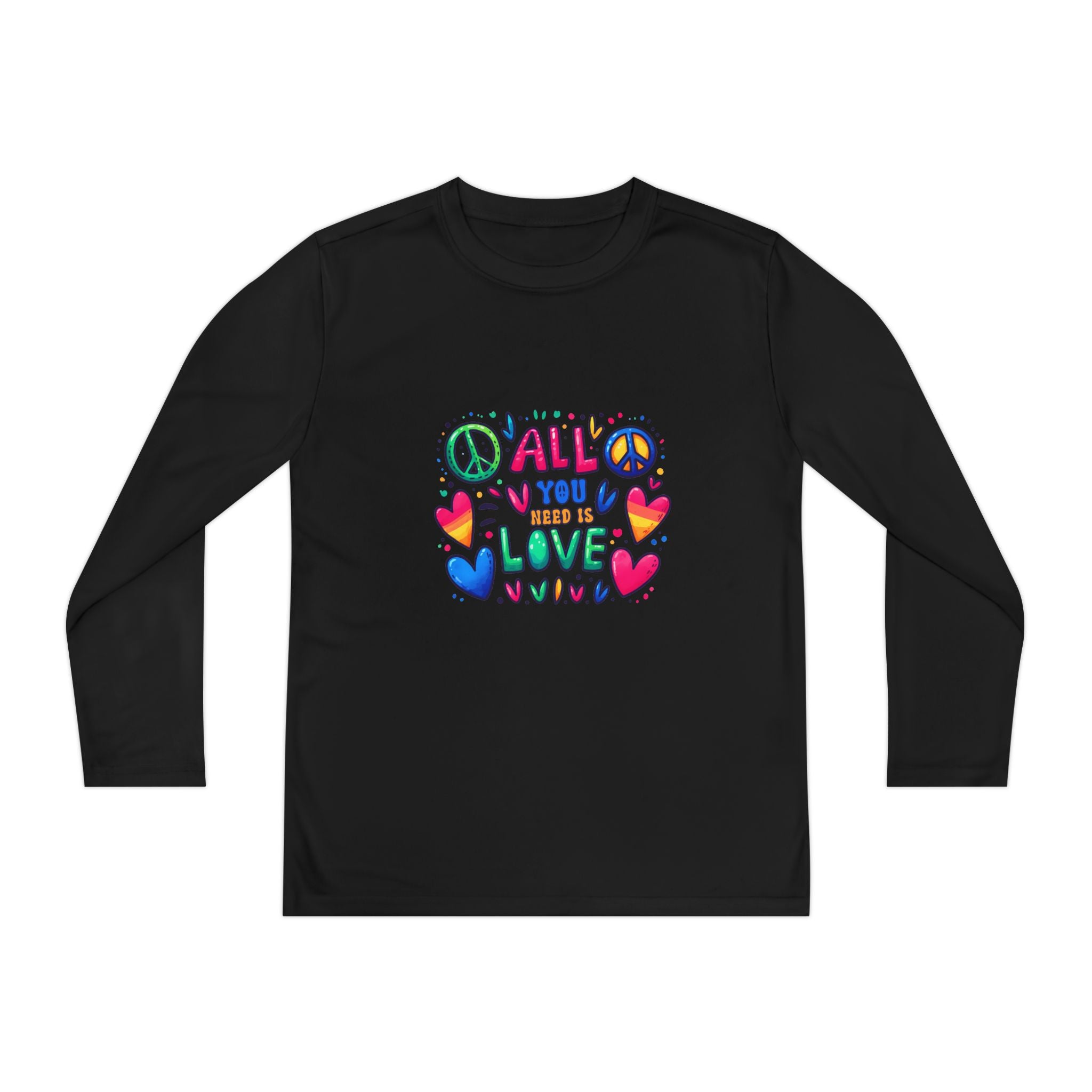 Colorful Peace & Love Youth Long Sleeve Tee, Fun Gift for Kids, Summer Camps, Family Gatherings, Birthdays, Everyday Wear