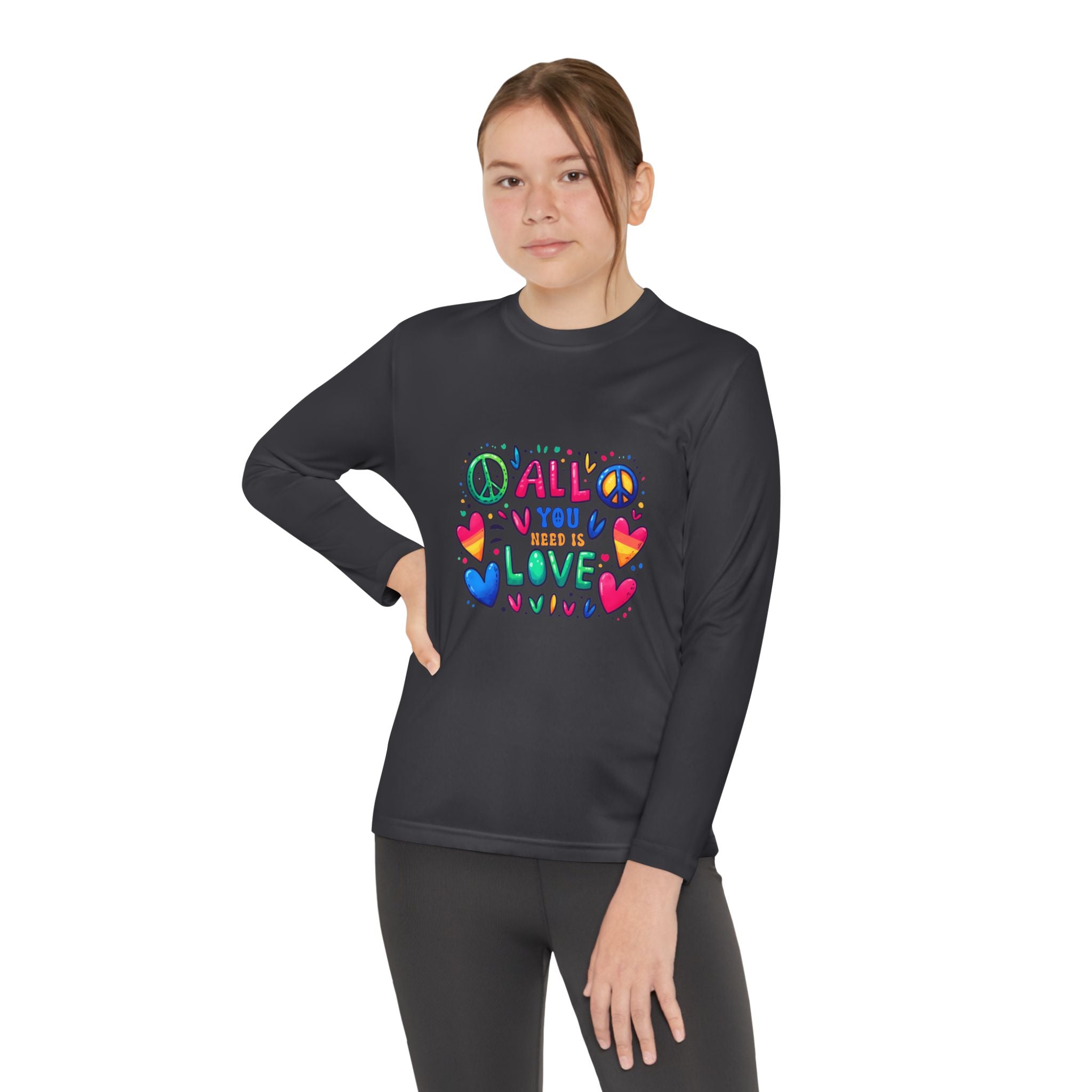 Colorful Peace & Love Youth Long Sleeve Tee, Fun Gift for Kids, Summer Camps, Family Gatherings, Birthdays, Everyday Wear