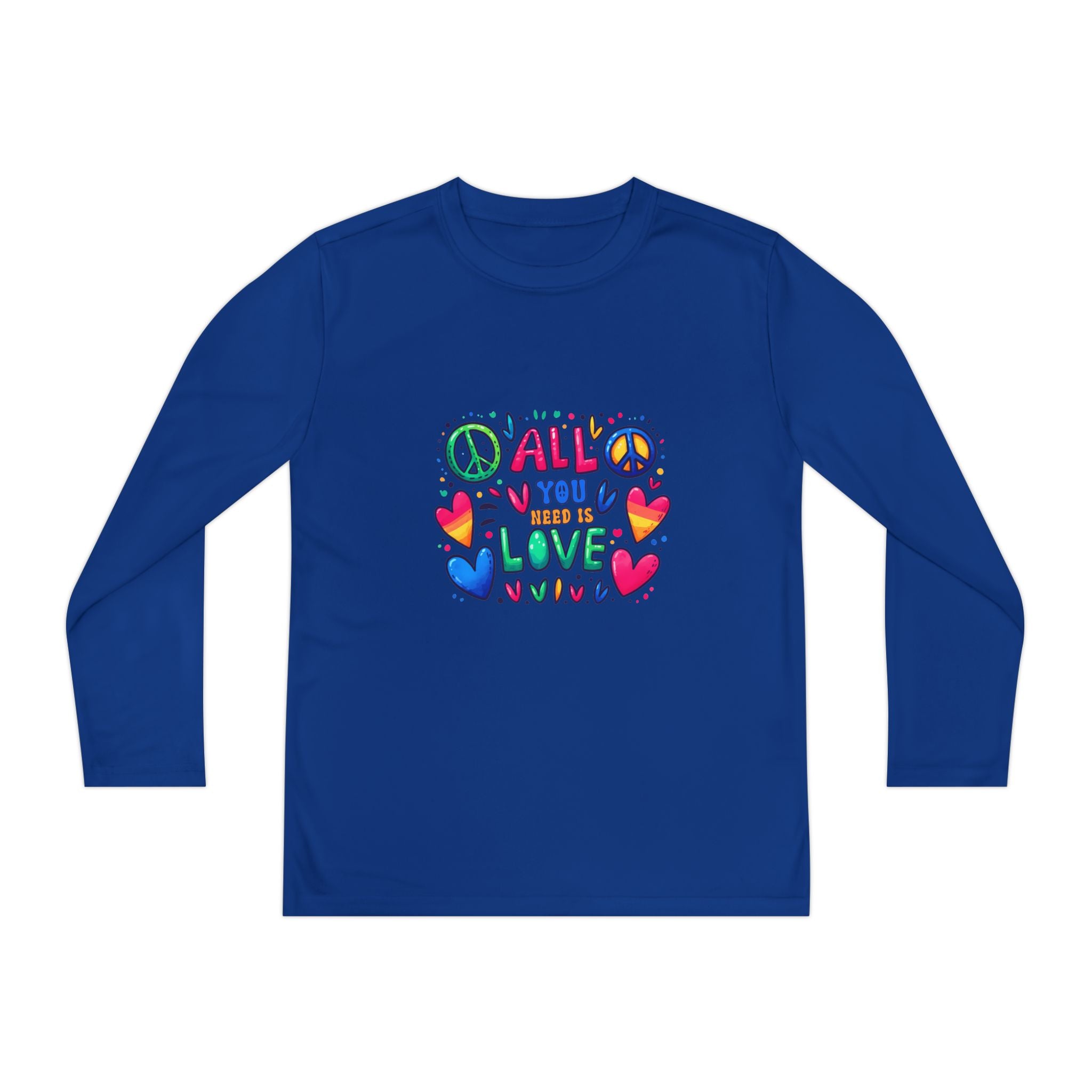 Colorful Peace & Love Youth Long Sleeve Tee, Fun Gift for Kids, Summer Camps, Family Gatherings, Birthdays, Everyday Wear