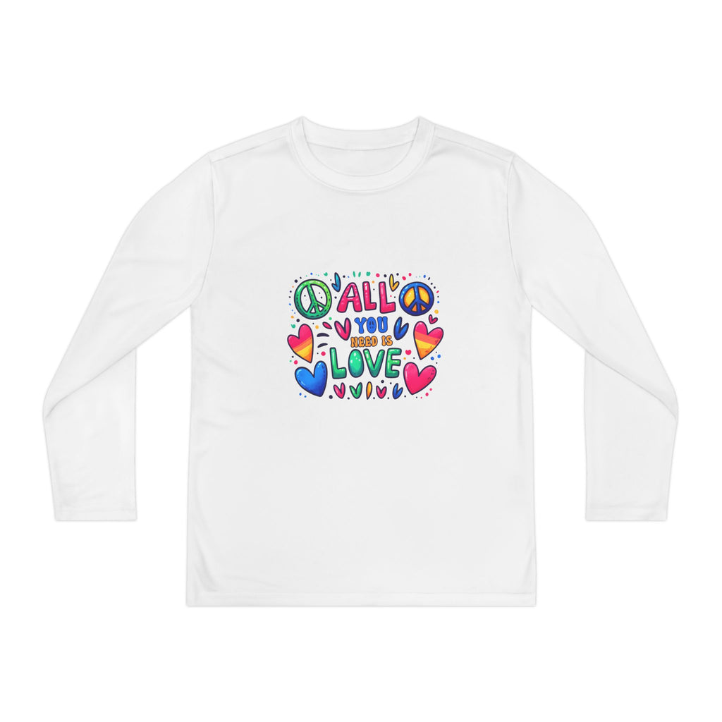 Colorful Peace & Love Youth Long Sleeve Tee, Fun Gift for Kids, Summer Camps, Family Gatherings, Birthdays, Everyday Wear