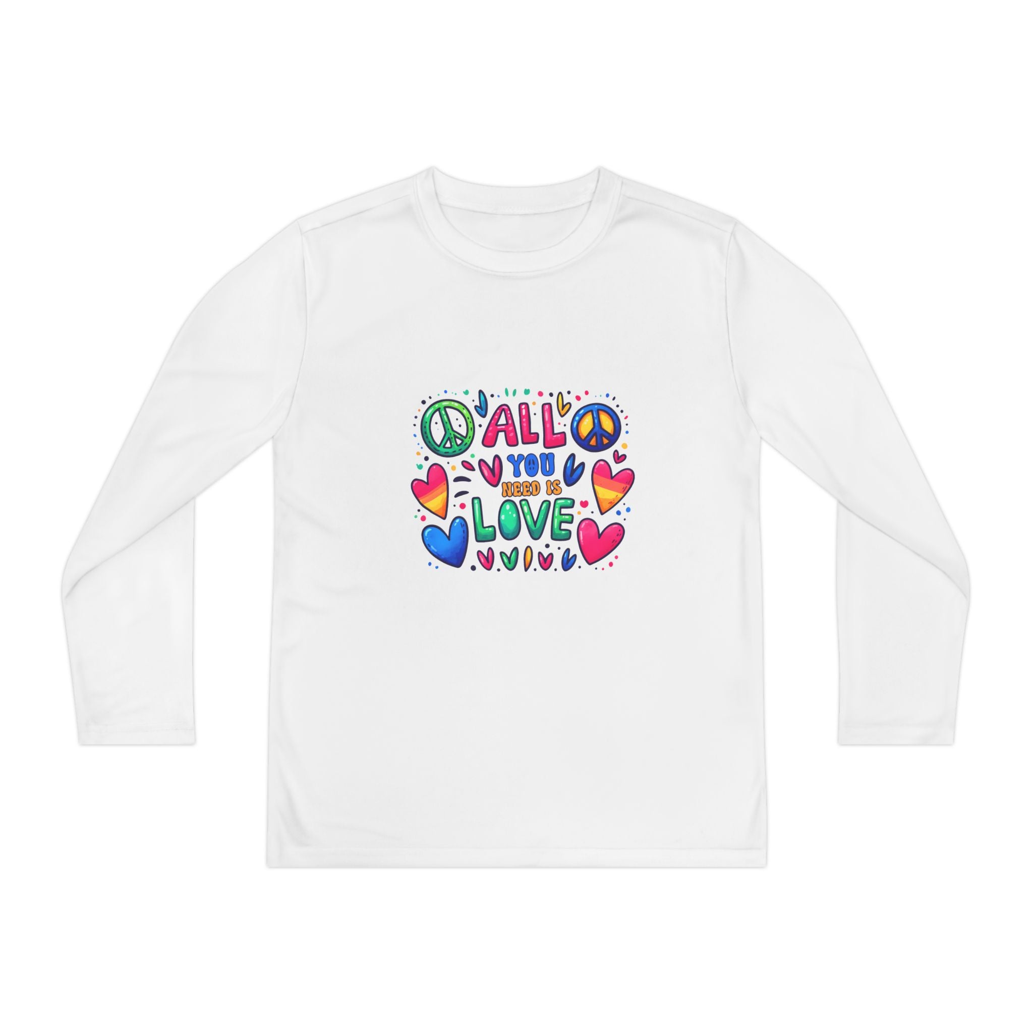 Colorful Peace & Love Youth Long Sleeve Tee, Fun Gift for Kids, Summer Camps, Family Gatherings, Birthdays, Everyday Wear
