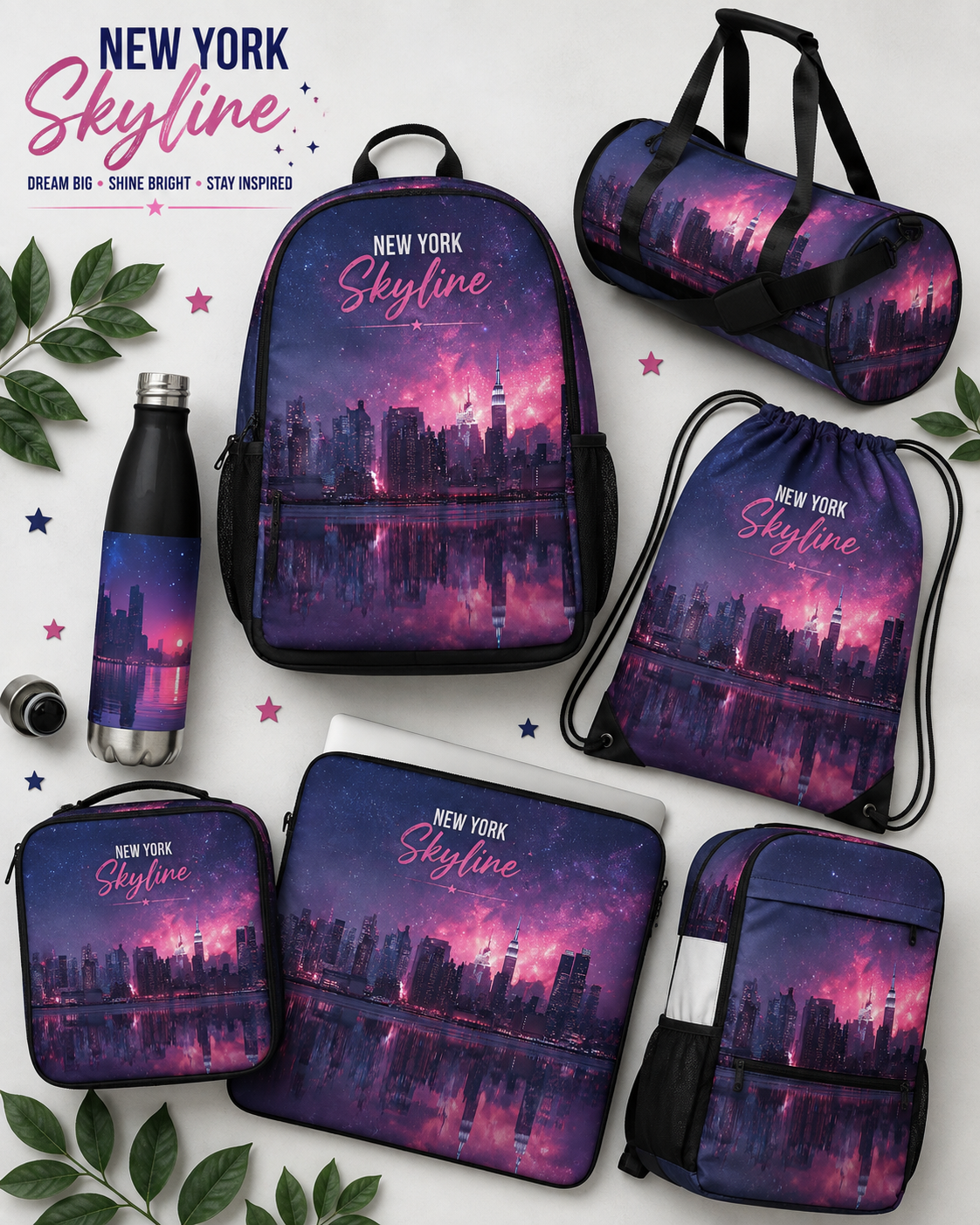McXine® New York Skyline Drawstring Bag – City Nights Edition | Sports & Gym Bag