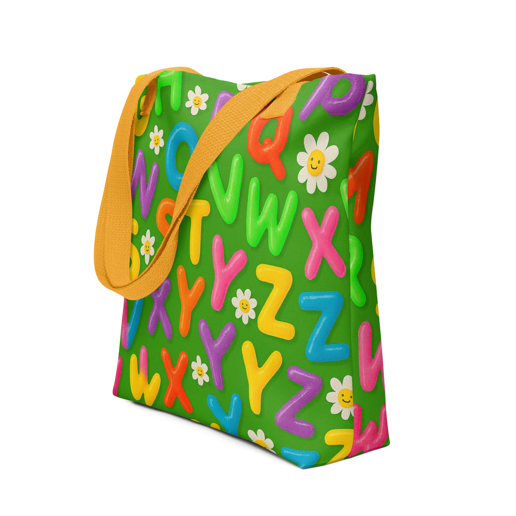Colourful Alphabet Tote Bag – All-Over Print Fun Letters & Daisies