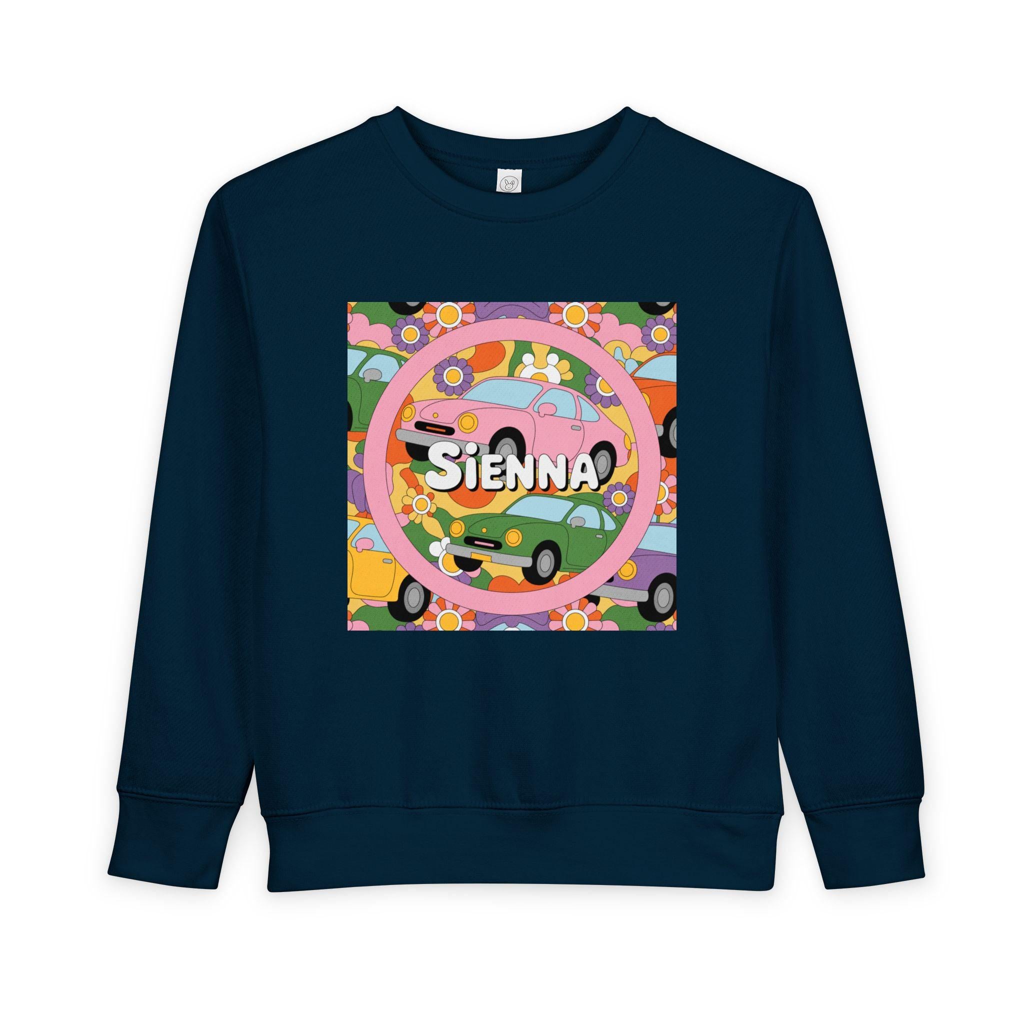 Personalized Toddler Sweatshirt – Custom Name | Retro Cars & Flowers Design | Soft Cotton-Poly | McXinetje-McXine