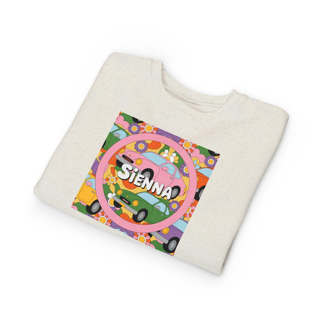 Personalized Toddler Sweatshirt – Custom Name | Retro Cars & Flowers Design | Soft Cotton-Poly | McXinetje-McXine