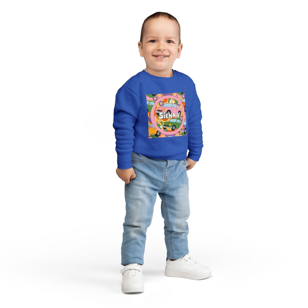 Personalized Toddler Sweatshirt – Custom Name | Retro Cars & Flowers Design | Soft Cotton-Poly | McXinetje-McXine