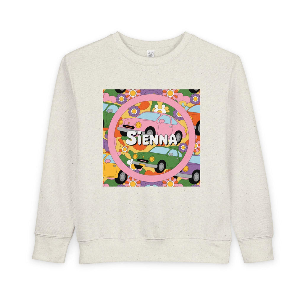 Personalized Toddler Sweatshirt – Custom Name | Retro Cars & Flowers Design | Soft Cotton-Poly | McXinetje-McXine