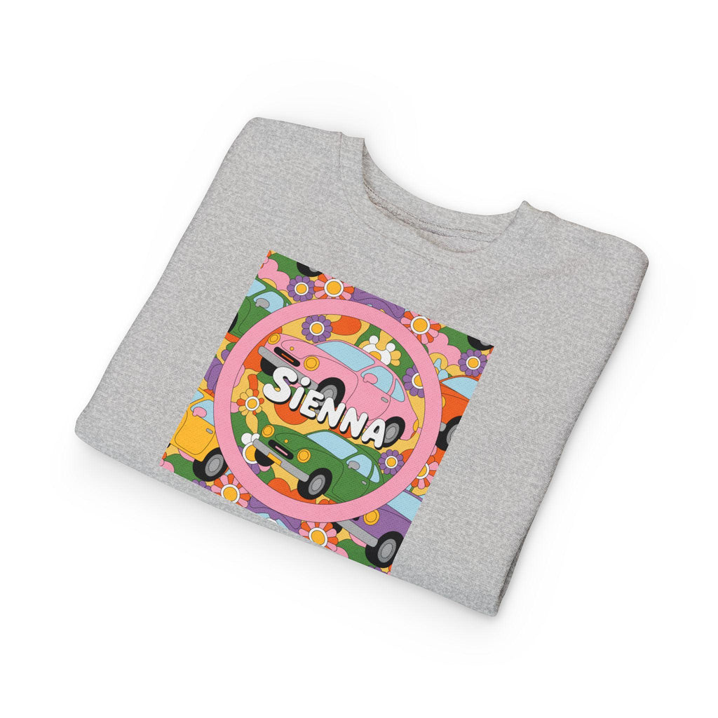 Personalized Toddler Sweatshirt – Custom Name | Retro Cars & Flowers Design | Soft Cotton-Poly | McXinetje-McXine