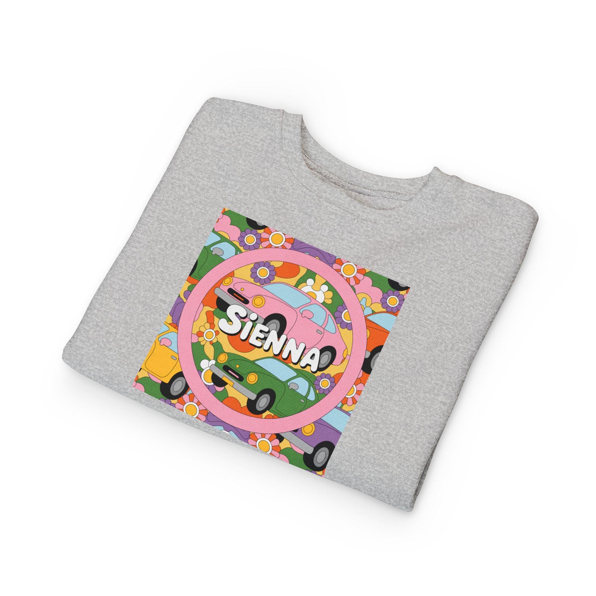 Personalized Toddler Sweatshirt – Custom Name | Retro Cars & Flowers Design | Soft Cotton-Poly | McXinetje-McXine