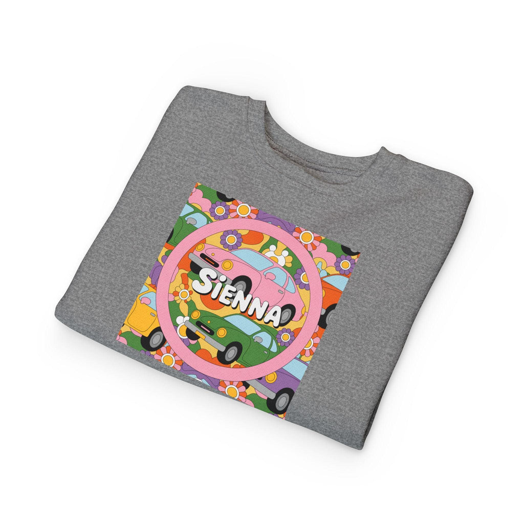 Personalized Toddler Sweatshirt – Custom Name | Retro Cars & Flowers Design | Soft Cotton-Poly | McXinetje-McXine