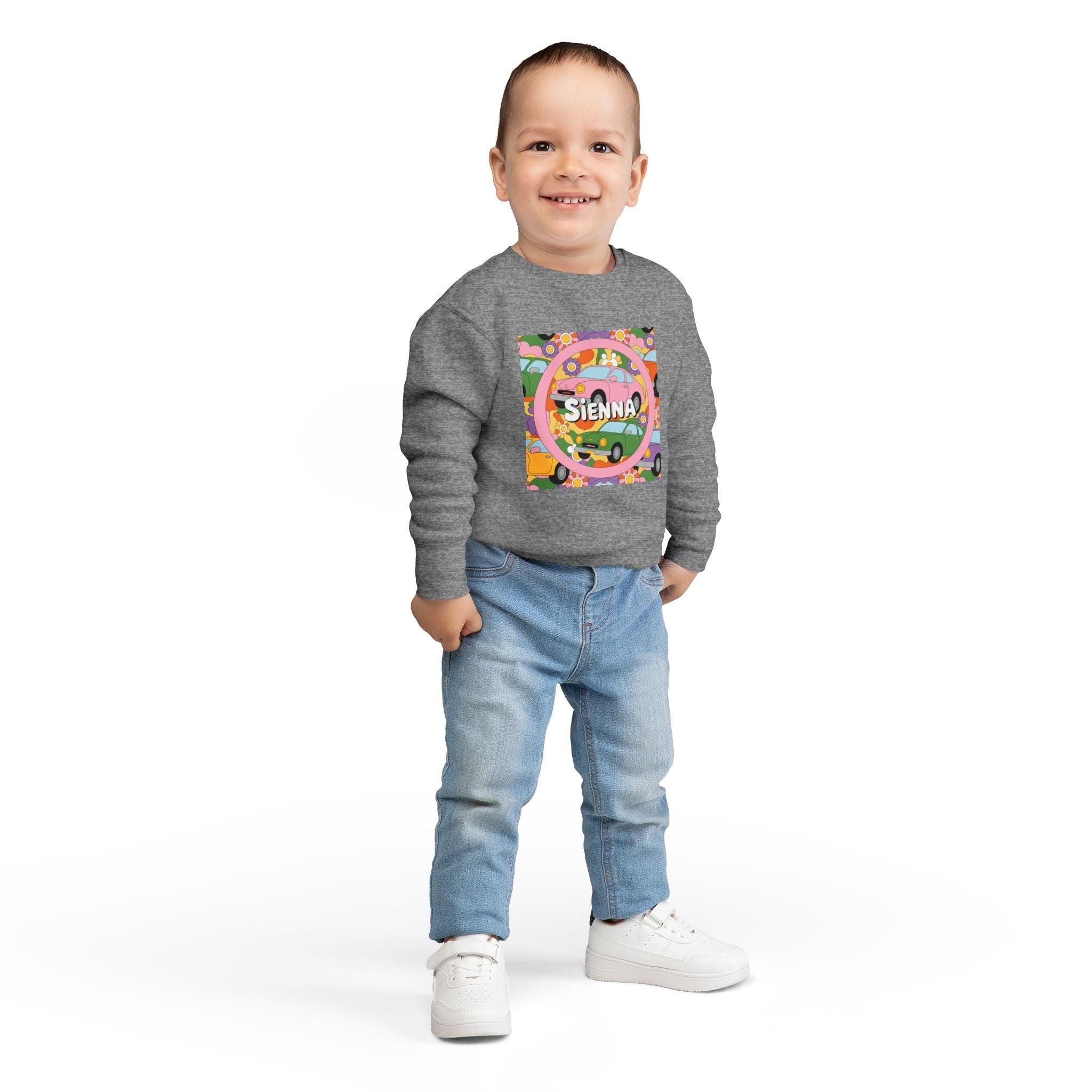 Personalized Toddler Sweatshirt – Custom Name | Retro Cars & Flowers Design | Soft Cotton-Poly | McXinetje-McXine