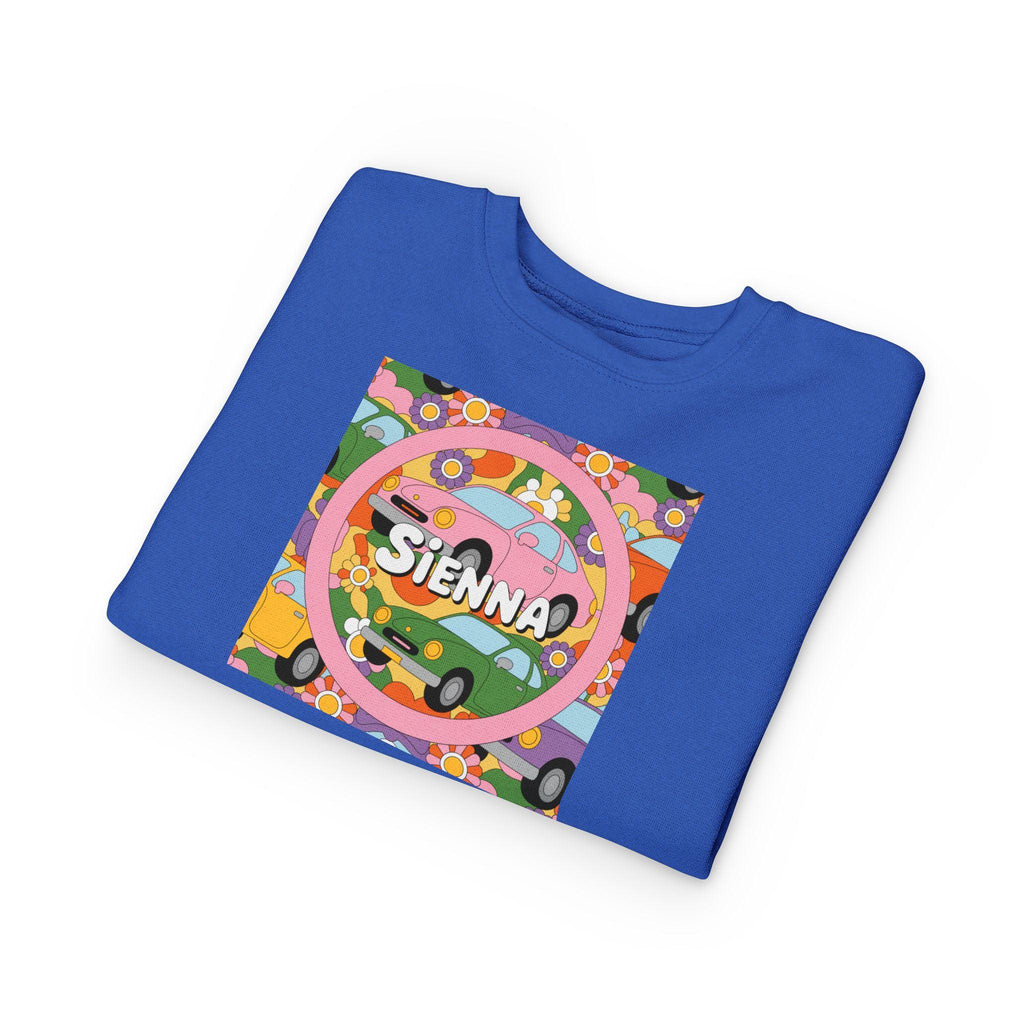 Personalized Toddler Sweatshirt – Custom Name | Retro Cars & Flowers Design | Soft Cotton-Poly | McXinetje-McXine