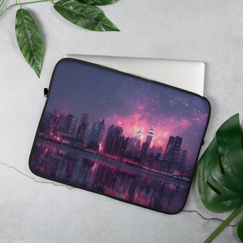 McXine® New York Skyline Laptop Sleeve – City Nights Edition with purple and pink fireworks over NYC skyline