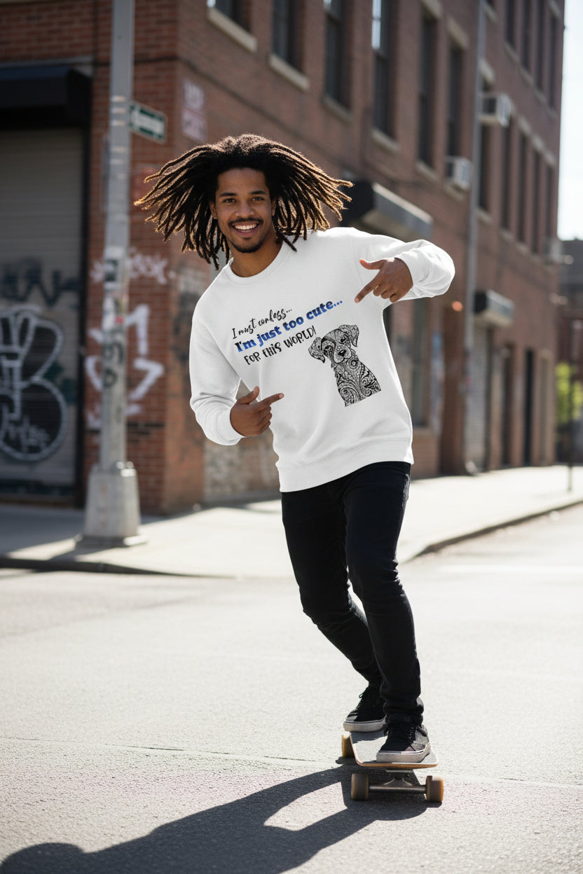 Smiling man skateboarding on a city street wearing a white sweatshirt with a playful dog graphic and the text “I’m not lost… I’m just too cute… for this world.